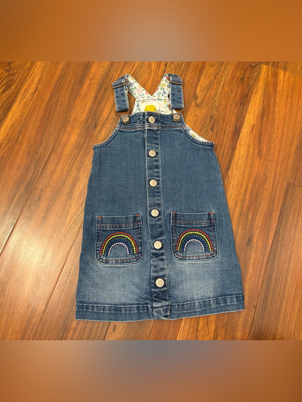 Mini Boden Denim Embroidered Rainbow Overall Dress